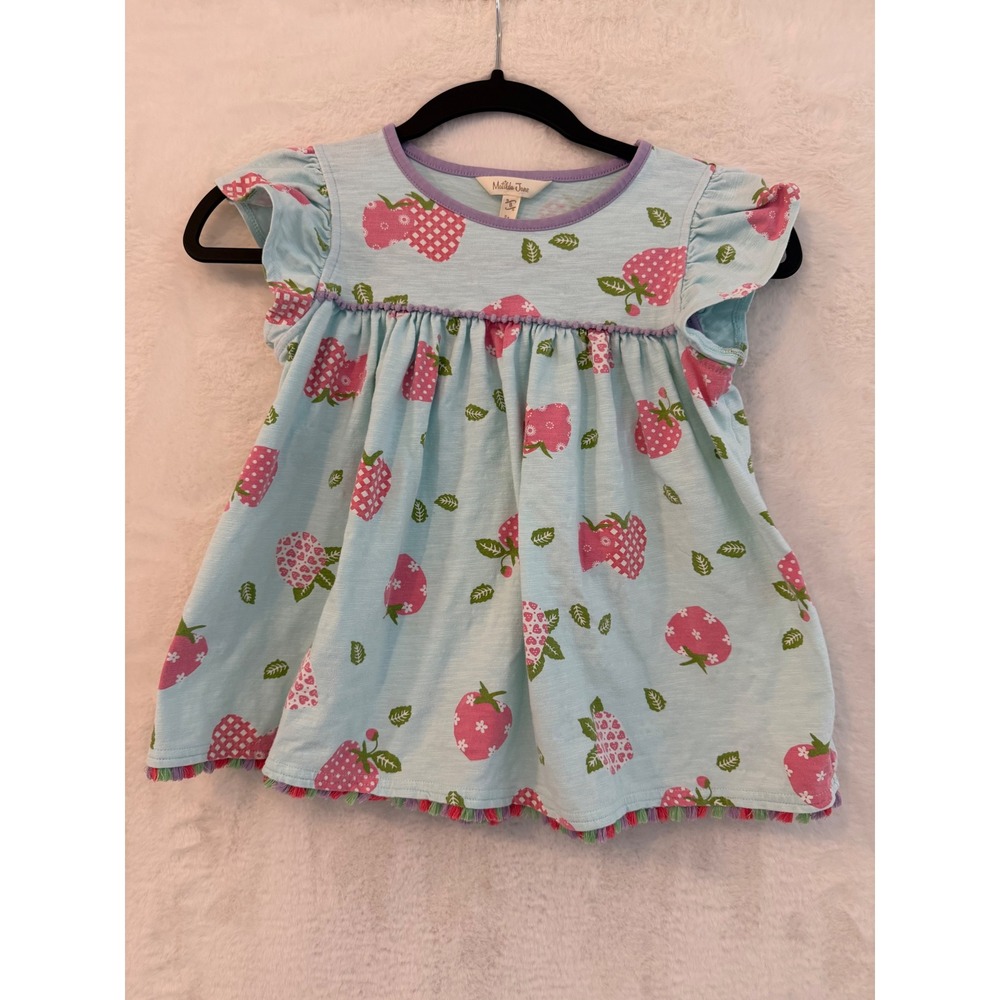 Matilda Jane Girls Size 8 Strawberry Print Tunic Top Flutter Sleeve Tassel Blue